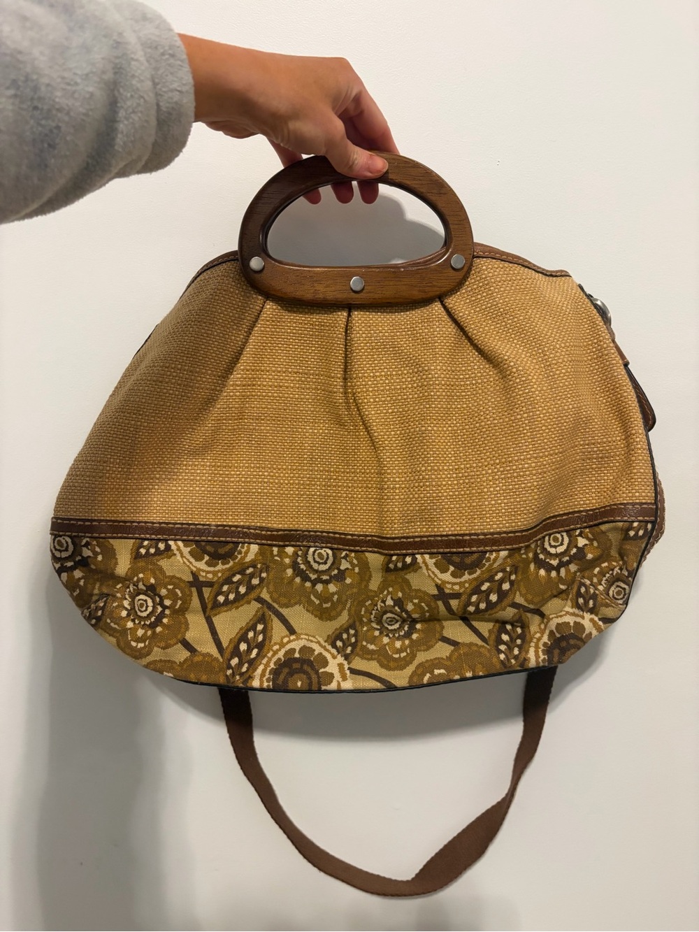 Vintage Fossil Floral Canvas Tote with Wooden Handles